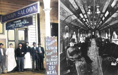 Left: A group of people standing outside the Fountain Saloon and Lunch Counter. Right: People sitting inside an old-fashioned, ornate train carriage. The setting appears to be historical, with period attire.