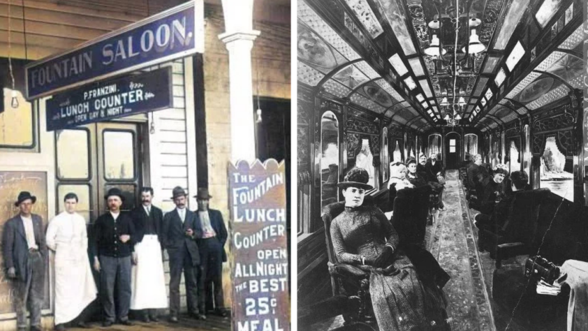 Left: A group of people standing outside the Fountain Saloon and Lunch Counter. Right: People sitting inside an old-fashioned, ornate train carriage. The setting appears to be historical, with period attire.