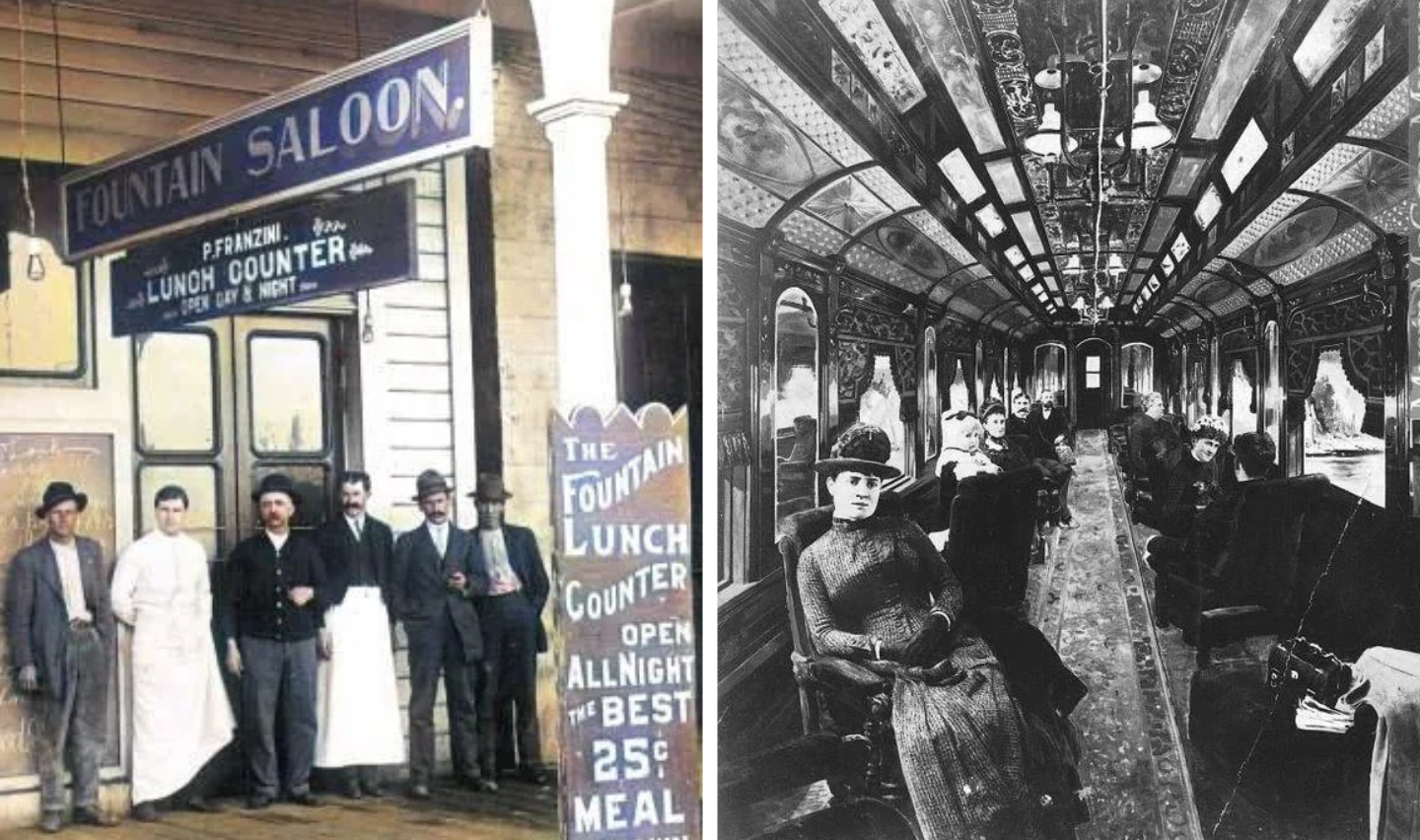 Left: A group of people standing outside the Fountain Saloon and Lunch Counter. Right: People sitting inside an old-fashioned, ornate train carriage. The setting appears to be historical, with period attire.