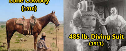 Left: A cowboy sits in a field with his horse, labeled "Lone Cowboy (1910)." Right: A man stands beside a heavy-duty diving suit, labeled "485 lb. Diving Suit (1911).