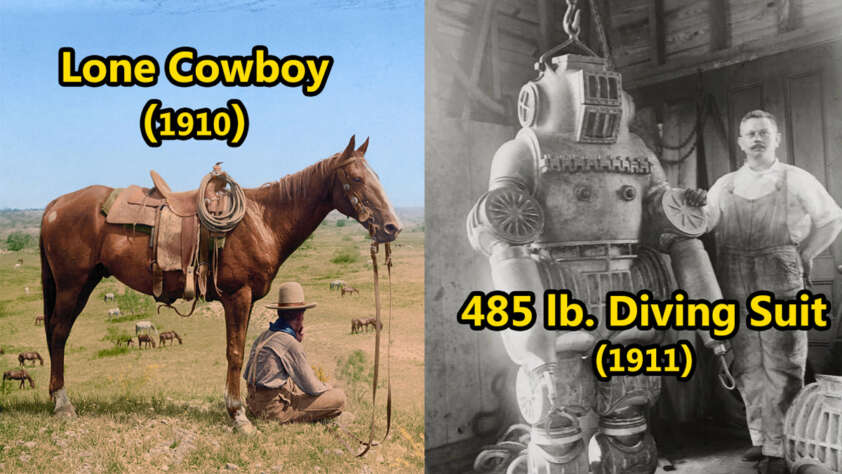 Left: A cowboy sits in a field with his horse, labeled "Lone Cowboy (1910)." Right: A man stands beside a heavy-duty diving suit, labeled "485 lb. Diving Suit (1911).