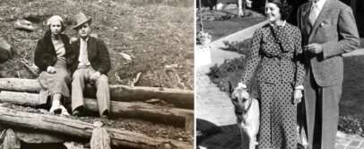 Left: A black-and-white photo of a man and woman sitting on logs in a wooded area, dressed in vintage attire. Right: A black-and-white photo of a man in a suit and a woman in a polka dot dress with a dog, standing on a paved path.