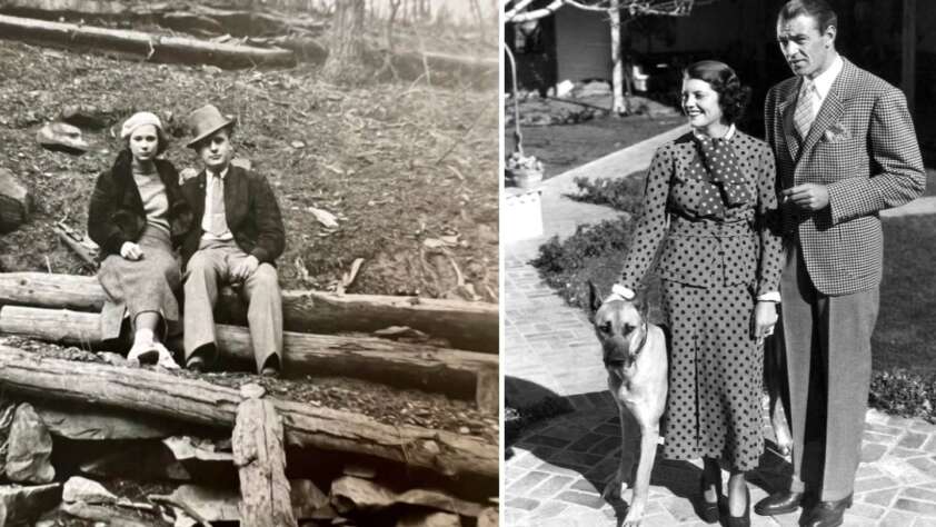 Left: A black-and-white photo of a man and woman sitting on logs in a wooded area, dressed in vintage attire. Right: A black-and-white photo of a man in a suit and a woman in a polka dot dress with a dog, standing on a paved path.