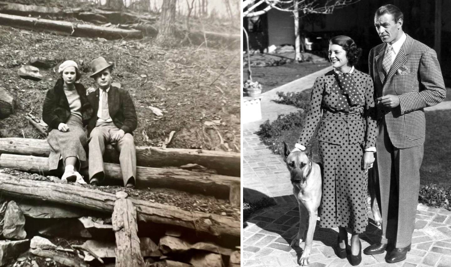 Left: A black-and-white photo of a man and woman sitting on logs in a wooded area, dressed in vintage attire. Right: A black-and-white photo of a man in a suit and a woman in a polka dot dress with a dog, standing on a paved path.