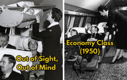 Vintage black and white image showing two scenes in an airplane. Left: a stewardess secures a baby in an overhead luggage area. Right: a stewardess serves drinks to reclining passengers in 1950s economy class.