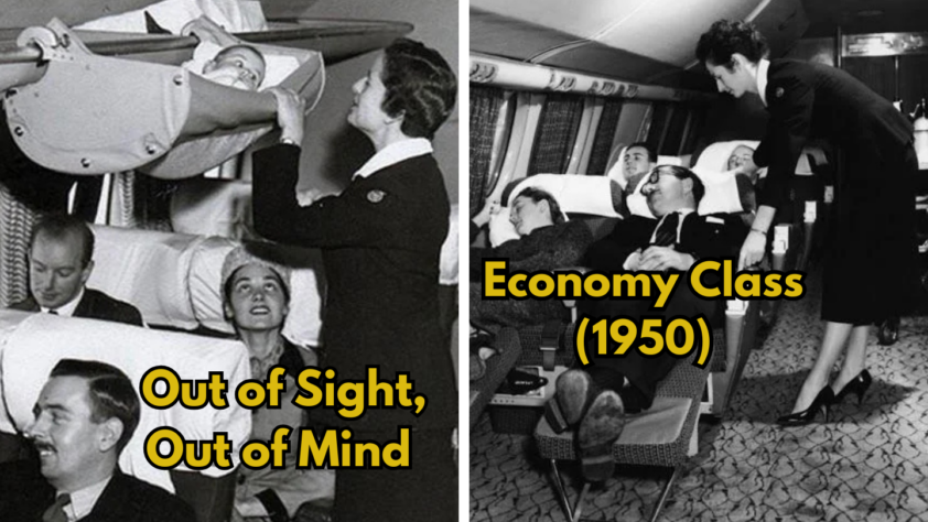 Vintage black and white image showing two scenes in an airplane. Left: a stewardess secures a baby in an overhead luggage area. Right: a stewardess serves drinks to reclining passengers in 1950s economy class.