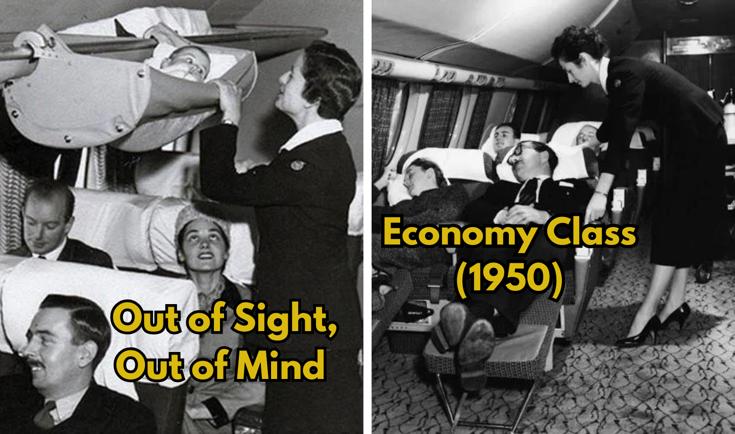 Vintage black and white image showing two scenes in an airplane. Left: a stewardess secures a baby in an overhead luggage area. Right: a stewardess serves drinks to reclining passengers in 1950s economy class.