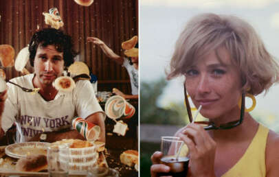 Left: A man wearing a "New York University" shirt sits at a table with food and drinks in mid-air around him. Right: A woman with short hair and hoop earrings holds a drink, wearing sunglasses on her chest, smiling slightly.