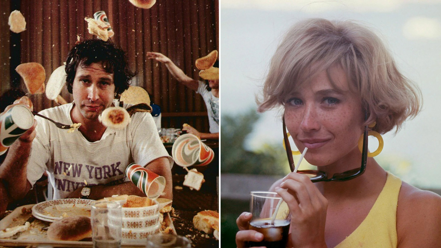 Left: A man wearing a "New York University" shirt sits at a table with food and drinks in mid-air around him. Right: A woman with short hair and hoop earrings holds a drink, wearing sunglasses on her chest, smiling slightly.