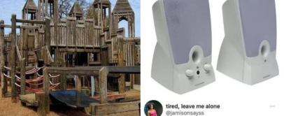 A nostalgic image split in two: on the left, a wooden playground structure; on the right, a pair of white desktop computer speakers. Text reads "Only real ones remember these..." and "One was always not working" with a tweet by @jamisonsayss.