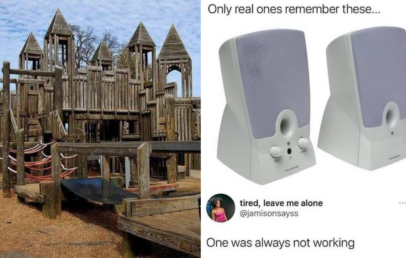 A nostalgic image split in two: on the left, a wooden playground structure; on the right, a pair of white desktop computer speakers. Text reads "Only real ones remember these..." and "One was always not working" with a tweet by @jamisonsayss.