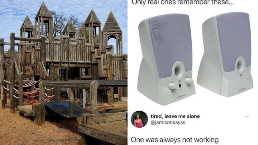 A nostalgic image split in two: on the left, a wooden playground structure; on the right, a pair of white desktop computer speakers. Text reads "Only real ones remember these..." and "One was always not working" with a tweet by @jamisonsayss.