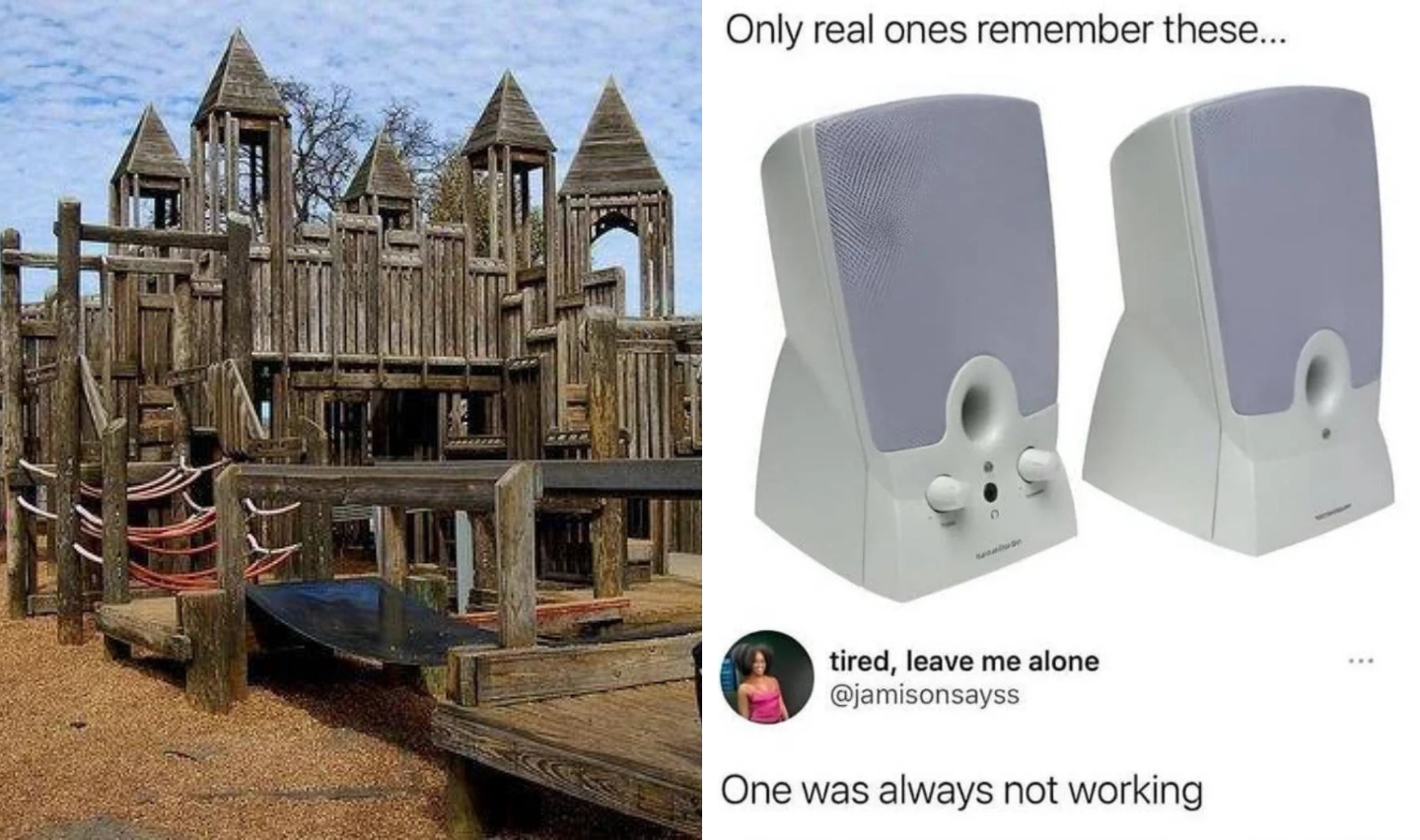 A nostalgic image split in two: on the left, a wooden playground structure; on the right, a pair of white desktop computer speakers. Text reads "Only real ones remember these..." and "One was always not working" with a tweet by @jamisonsayss.