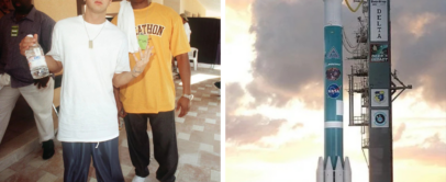 Left: Two men stand together indoors; one is holding a water bottle and wearing a white shirt. Right: A rocket labeled "USAF Delta II" and "NASA" on a launch pad against a cloudy sky.