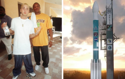 Left: Two men stand together indoors; one is holding a water bottle and wearing a white shirt. Right: A rocket labeled "USAF Delta II" and "NASA" on a launch pad against a cloudy sky.