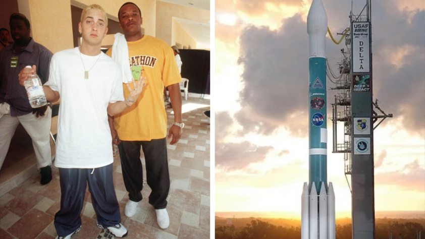 Left: Two men stand together indoors; one is holding a water bottle and wearing a white shirt. Right: A rocket labeled "USAF Delta II" and "NASA" on a launch pad against a cloudy sky.