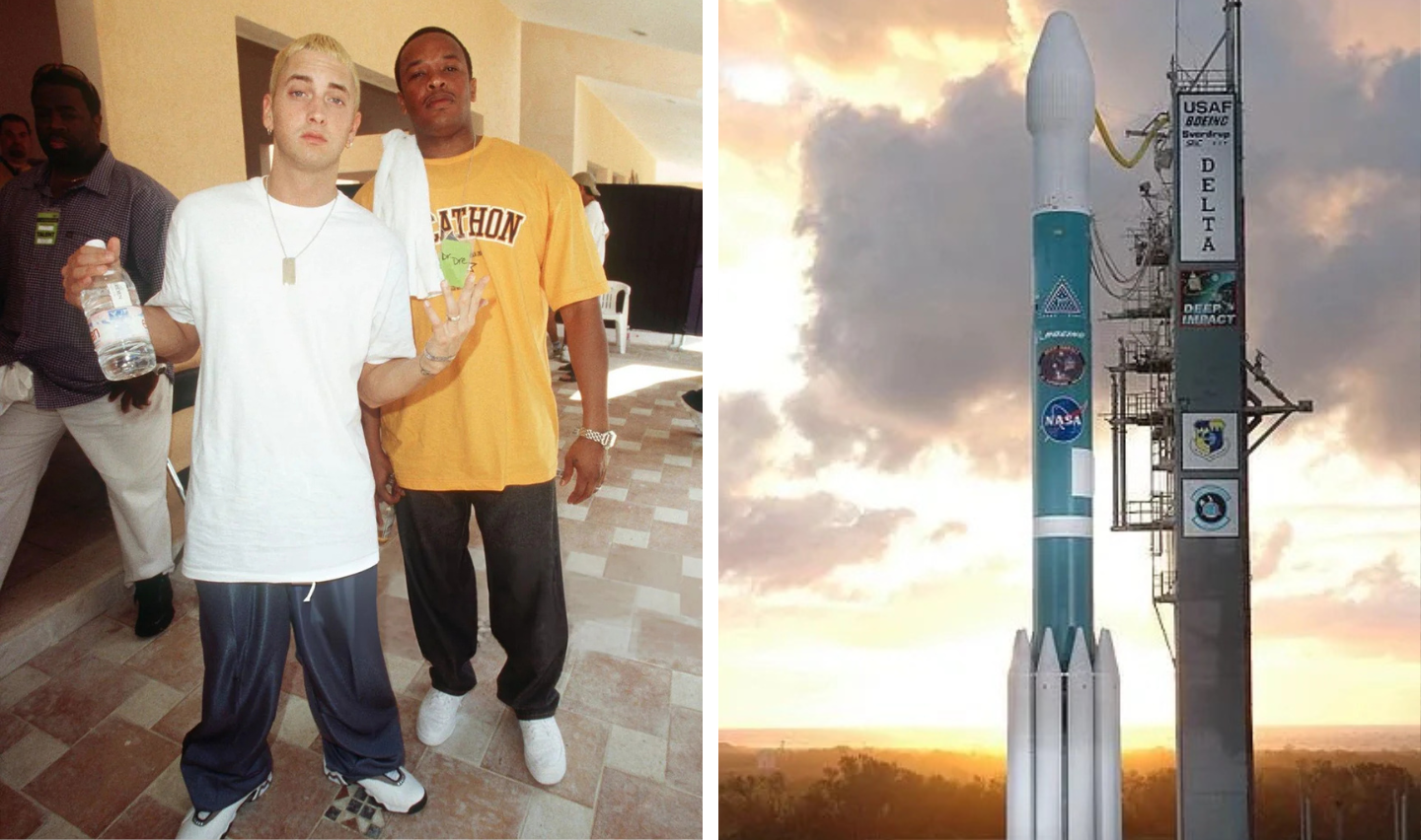 Left: Two men stand together indoors; one is holding a water bottle and wearing a white shirt. Right: A rocket labeled "USAF Delta II" and "NASA" on a launch pad against a cloudy sky.