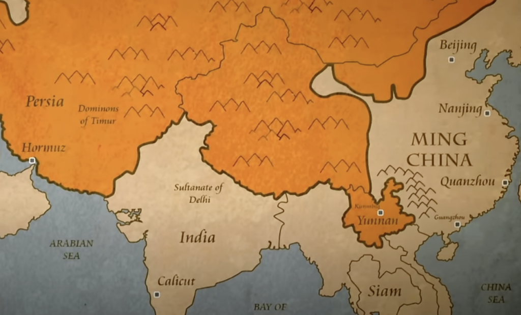 Old map depicting parts of Asia, showing regions like Ming China, Persia, India, and Siam. Prominent areas include the Dominions of Timur and the Sultanate of Delhi. Notable cities include Beijing, Nanjing, and Hormuz. The map is in earthy tones.