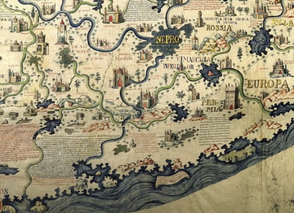 Antique map with winding rivers, sea waves, and illustrations of cities. It features Latin text, depicting parts of Europe and surrounding regions. The map is detailed with artistic flourishes and decorative elements.