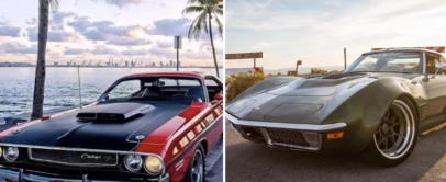 Split image showing two vintage cars: a red Dodge with black stripes parked by a waterfront with palm trees and a city skyline, and a black Corvette on a road during sunset.