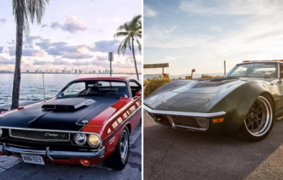 Split image showing two vintage cars: a red Dodge with black stripes parked by a waterfront with palm trees and a city skyline, and a black Corvette on a road during sunset.