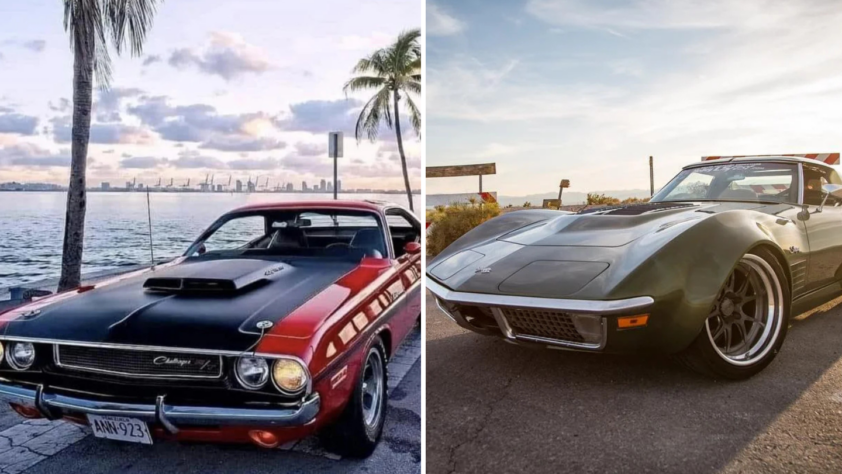 Split image showing two vintage cars: a red Dodge with black stripes parked by a waterfront with palm trees and a city skyline, and a black Corvette on a road during sunset.