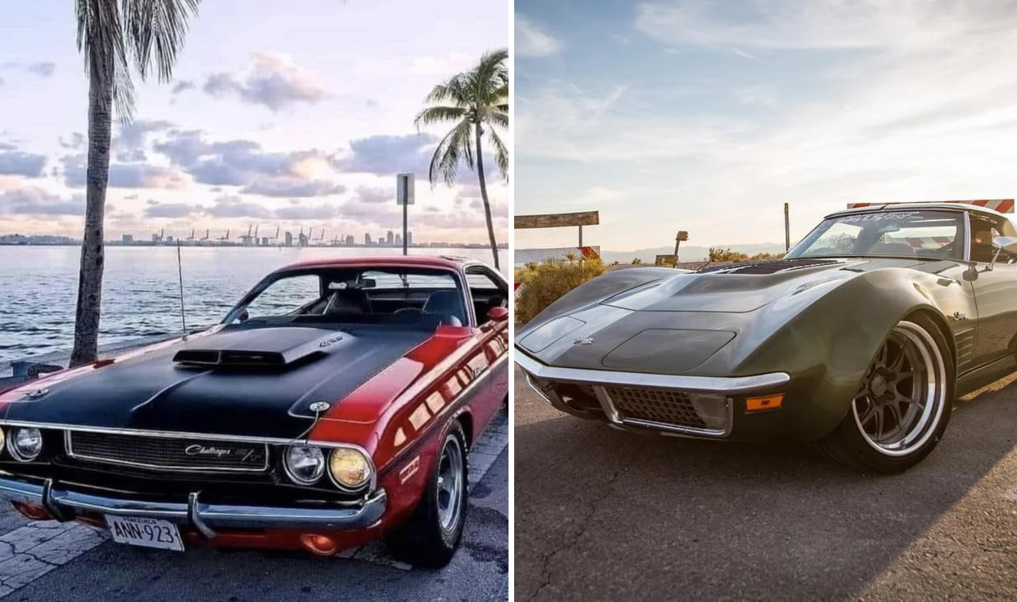 Split image showing two vintage cars: a red Dodge with black stripes parked by a waterfront with palm trees and a city skyline, and a black Corvette on a road during sunset.