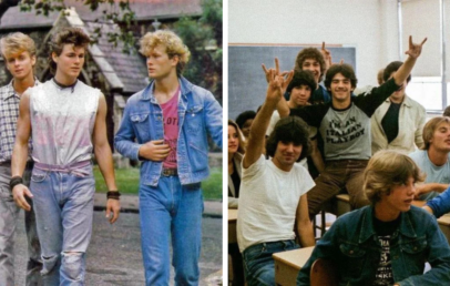 Left: A group of three young men in 80s fashion, with denim and graphic tees, walking outdoors. Right: A classroom filled with high school students; some are seated while others stand, raising their hands in a rock sign, smiling energetically.