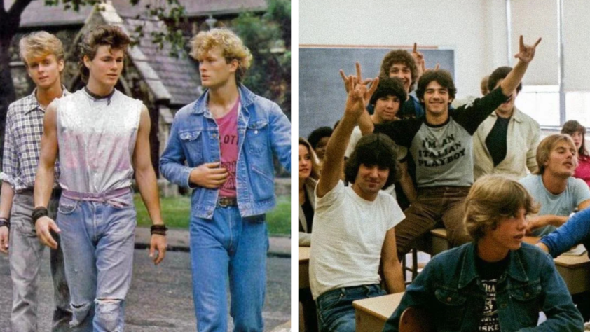 Left: A group of three young men in 80s fashion, with denim and graphic tees, walking outdoors. Right: A classroom filled with high school students; some are seated while others stand, raising their hands in a rock sign, smiling energetically.