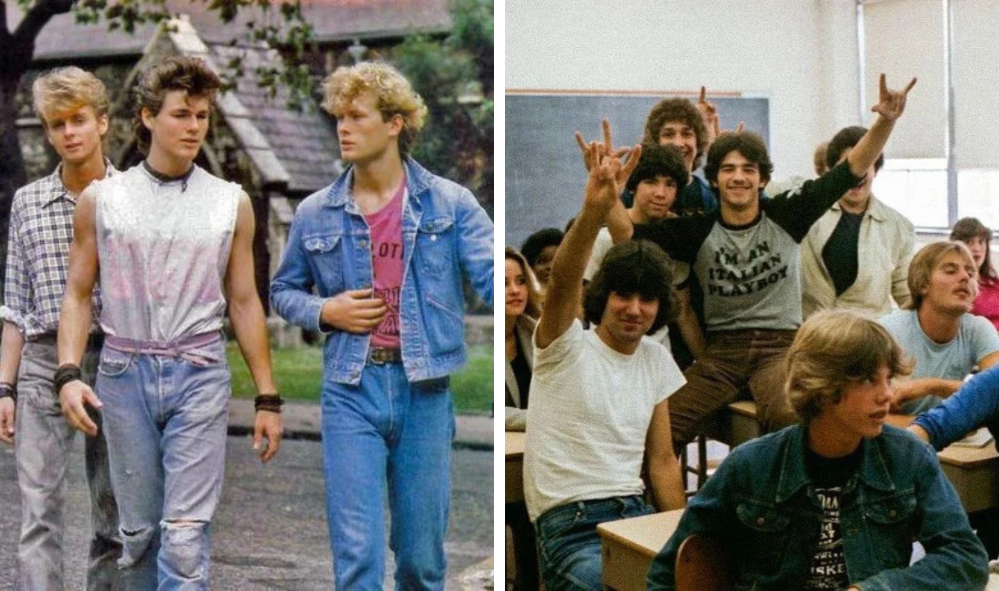 Left: A group of three young men in 80s fashion, with denim and graphic tees, walking outdoors. Right: A classroom filled with high school students; some are seated while others stand, raising their hands in a rock sign, smiling energetically.