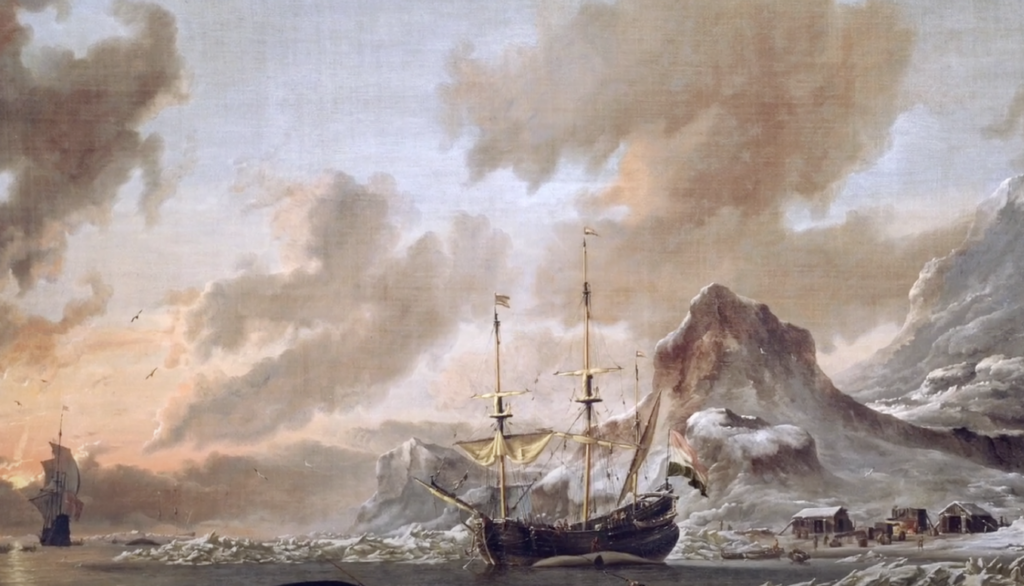 A historic painting depicts a ship trapped in an icy sea with snow-covered mountains in the background. Another ship is visible in the distance. The sky is cloudy and dramatic, suggesting an early morning or late afternoon scene.