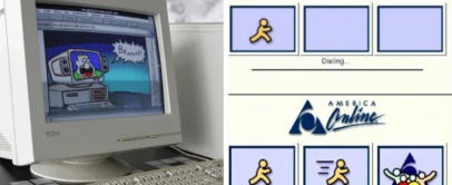 A retro computer monitor displays an old comic-style cartoon with sound effects. Next to it, screenshots of an America Online (AOL) connection screen show the iconic AOL logo and progress icons for "Dialing..." and "Connected!".