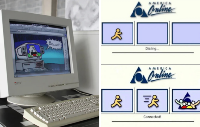 A retro computer monitor displays an old comic-style cartoon with sound effects. Next to it, screenshots of an America Online (AOL) connection screen show the iconic AOL logo and progress icons for "Dialing..." and "Connected!".