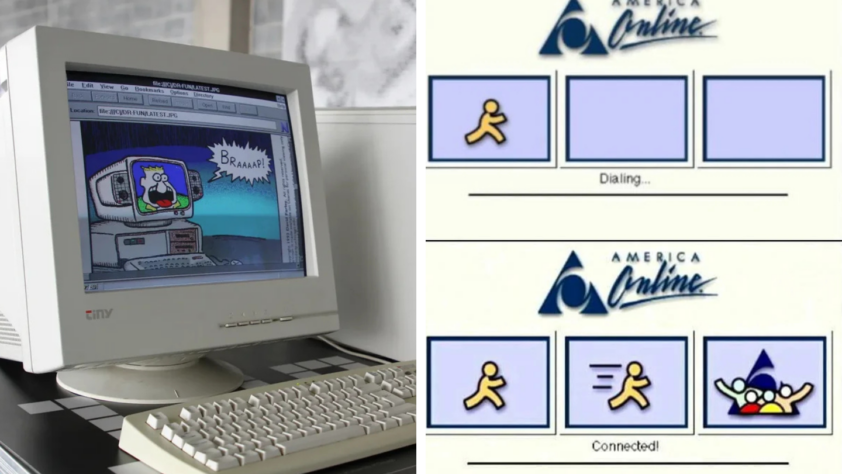 A retro computer monitor displays an old comic-style cartoon with sound effects. Next to it, screenshots of an America Online (AOL) connection screen show the iconic AOL logo and progress icons for "Dialing..." and "Connected!".