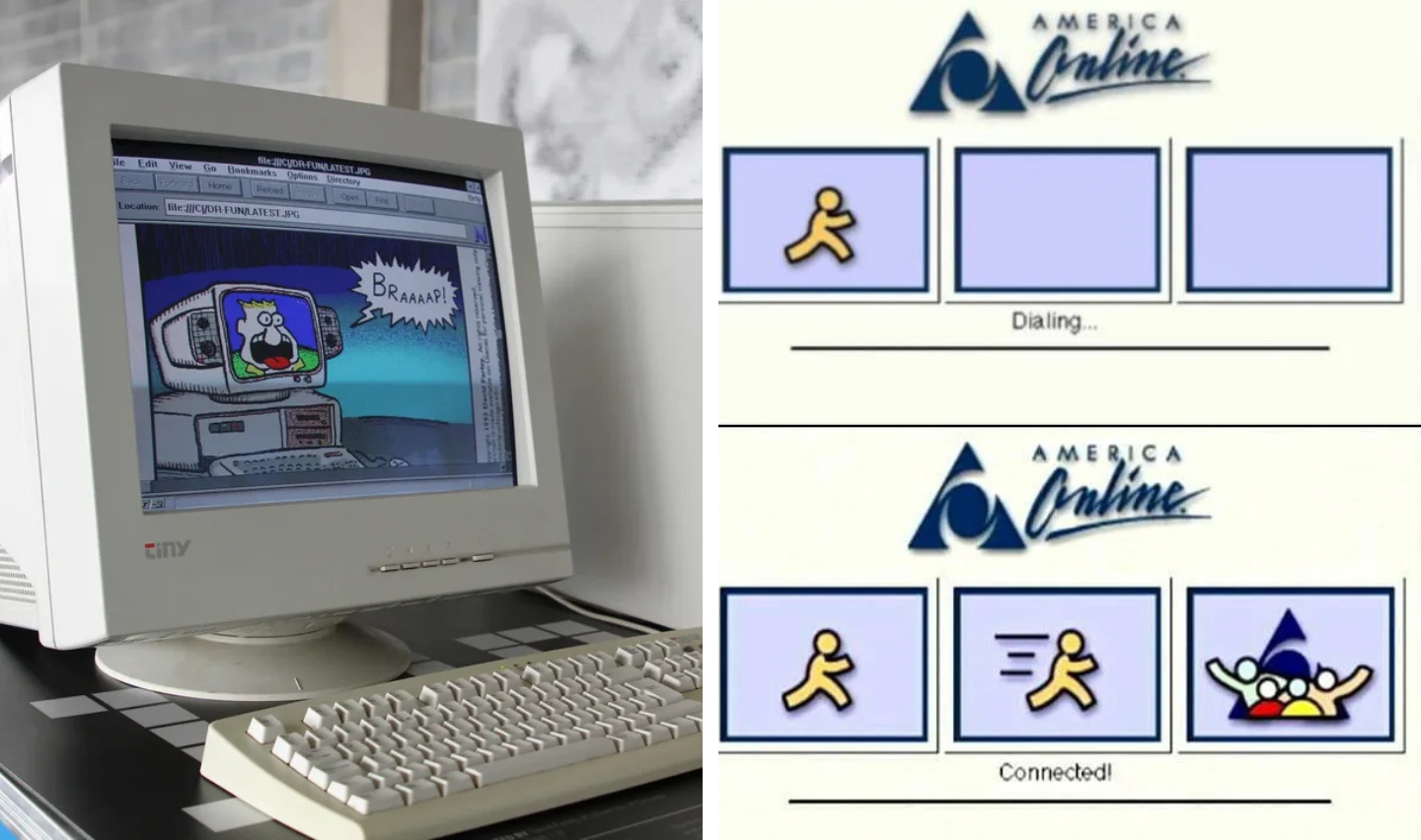 A retro computer monitor displays an old comic-style cartoon with sound effects. Next to it, screenshots of an America Online (AOL) connection screen show the iconic AOL logo and progress icons for "Dialing..." and "Connected!".