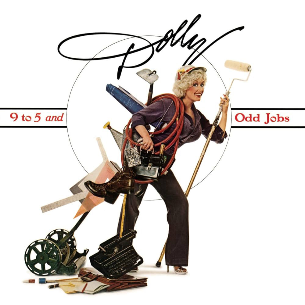 A woman with curly hair playfully balances various work tools and objects, such as a typewriter, boots, and a paint roller. The text reads "9 to 5 and Odd Jobs," with "Dolly" in stylized script at the top.