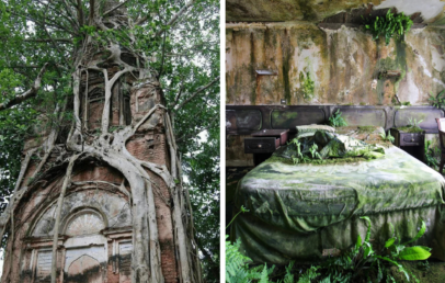 Left: An old brick tower entwined with thick tree roots reaching skyward. Right: An abandoned room with a bed covered in moss and ferns, surrounded by decaying walls and a green-tinged ceiling.