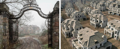 Left image: An old, ornate iron gate leads to an overgrown, abandoned mansion, surrounded by bare trees. Right image: Aerial view of a ghost town with rows of identical, unfinished luxury homes amidst barren land.