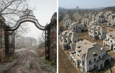 Left image: An old, ornate iron gate leads to an overgrown, abandoned mansion, surrounded by bare trees. Right image: Aerial view of a ghost town with rows of identical, unfinished luxury homes amidst barren land.