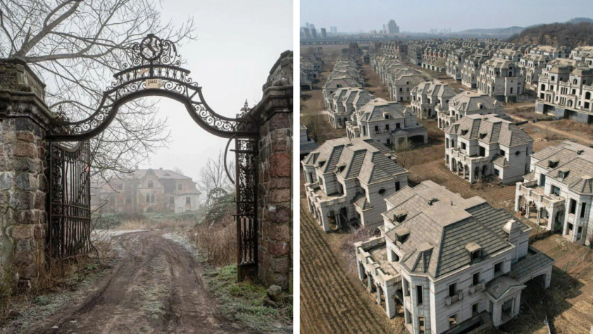 Left image: An old, ornate iron gate leads to an overgrown, abandoned mansion, surrounded by bare trees. Right image: Aerial view of a ghost town with rows of identical, unfinished luxury homes amidst barren land.