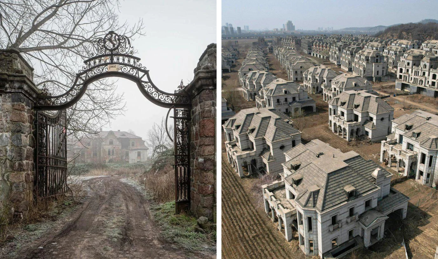 Left image: An old, ornate iron gate leads to an overgrown, abandoned mansion, surrounded by bare trees. Right image: Aerial view of a ghost town with rows of identical, unfinished luxury homes amidst barren land.