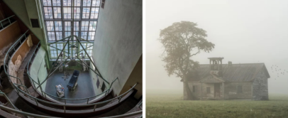 Left: Interior of a modern building with large windows, metal railings, and several chairs. Right: An old, weathered wooden house with a bell tower, standing in a foggy field with a large tree nearby. Birds are flying in the mist.