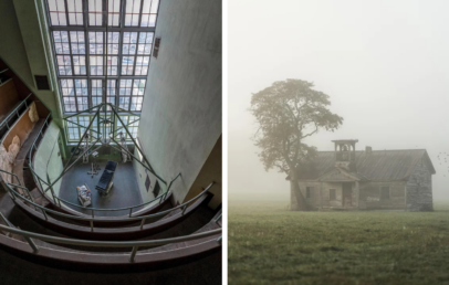 Left: Interior of a modern building with large windows, metal railings, and several chairs. Right: An old, weathered wooden house with a bell tower, standing in a foggy field with a large tree nearby. Birds are flying in the mist.