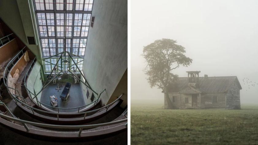 Left: Interior of a modern building with large windows, metal railings, and several chairs. Right: An old, weathered wooden house with a bell tower, standing in a foggy field with a large tree nearby. Birds are flying in the mist.