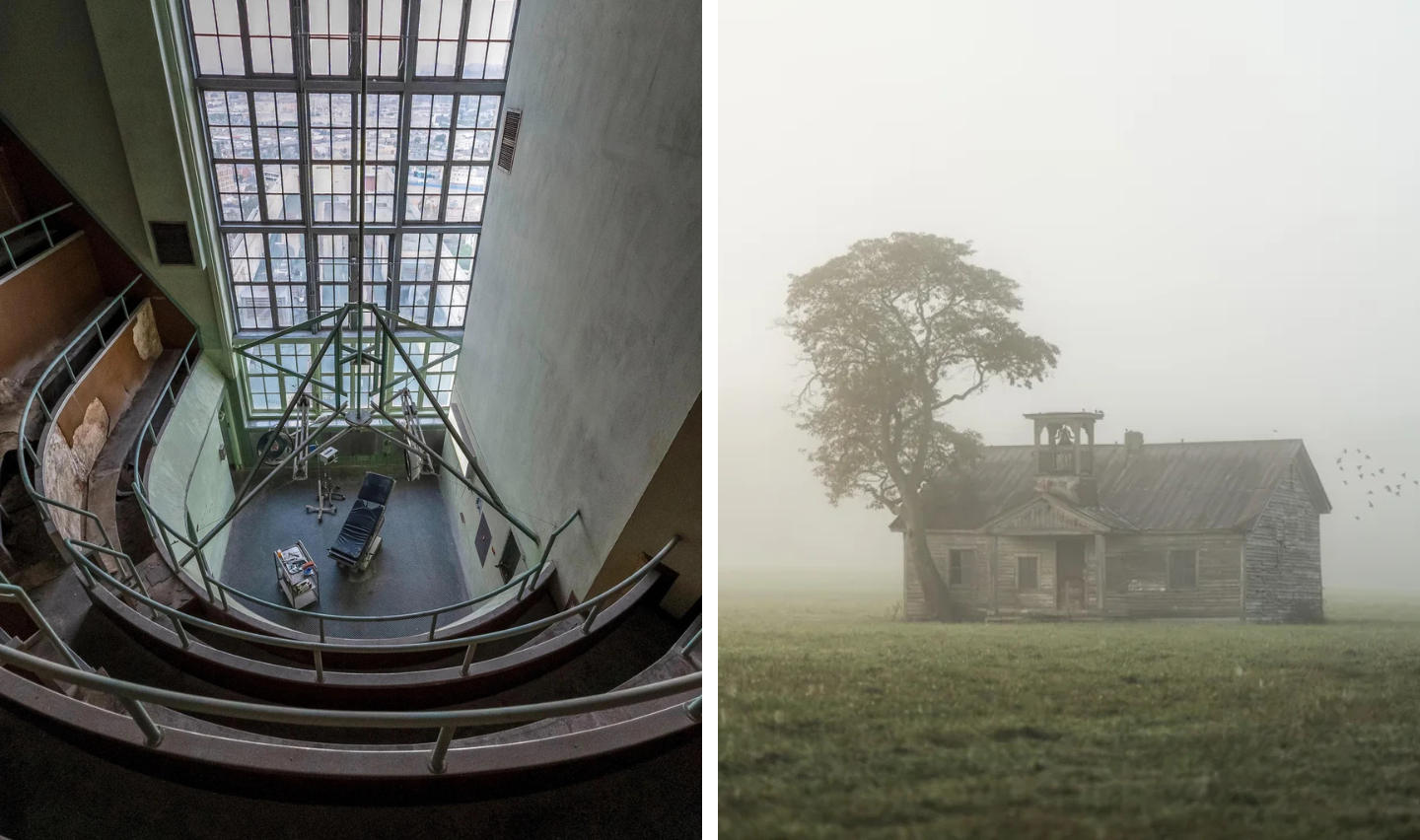 Left: Interior of a modern building with large windows, metal railings, and several chairs. Right: An old, weathered wooden house with a bell tower, standing in a foggy field with a large tree nearby. Birds are flying in the mist.