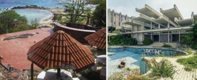 Left: A small, secluded beach with a brick patio and wooden hut overlooking the ocean. Right: An abandoned, overgrown pool area with a deteriorating building in the background. Graffiti covers some of the building's surfaces.