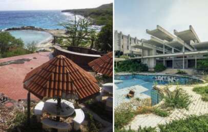 Left: A small, secluded beach with a brick patio and wooden hut overlooking the ocean. Right: An abandoned, overgrown pool area with a deteriorating building in the background. Graffiti covers some of the building's surfaces.