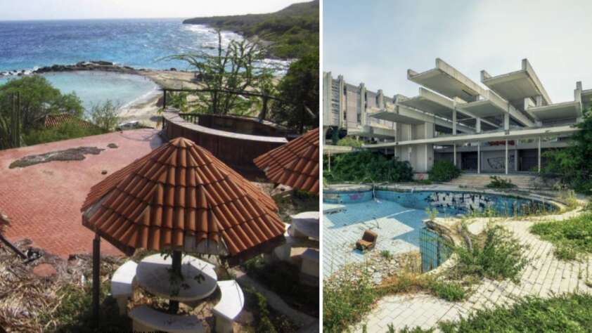 Left: A small, secluded beach with a brick patio and wooden hut overlooking the ocean. Right: An abandoned, overgrown pool area with a deteriorating building in the background. Graffiti covers some of the building's surfaces.