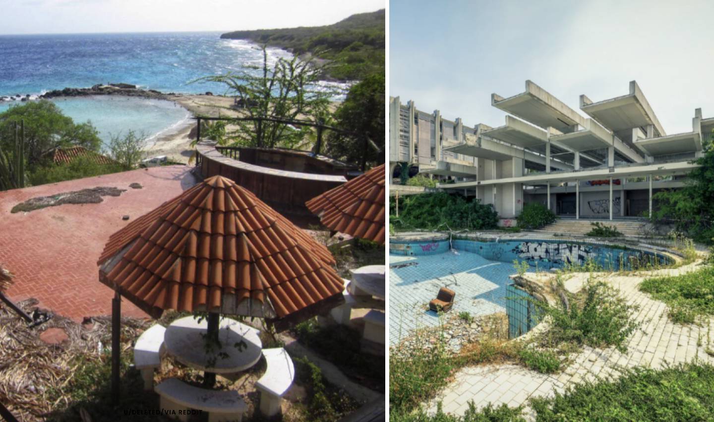 Left: A small, secluded beach with a brick patio and wooden hut overlooking the ocean. Right: An abandoned, overgrown pool area with a deteriorating building in the background. Graffiti covers some of the building's surfaces.