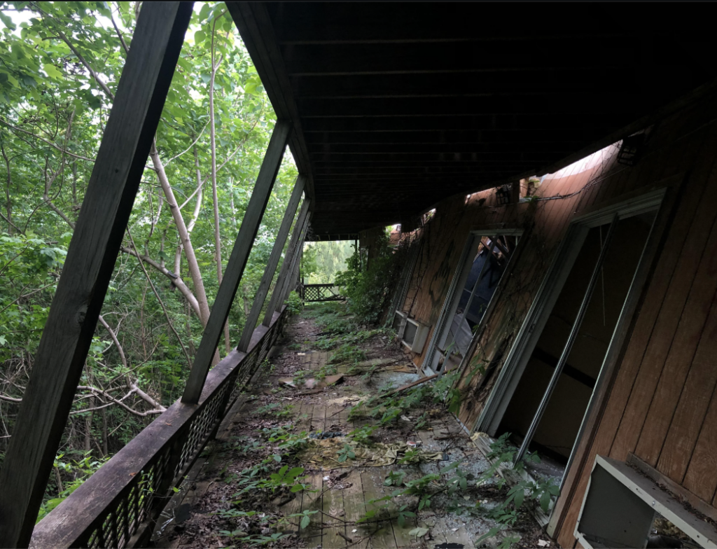 A tilted, abandoned wooden deck with overgrown vegetation. The structure leans precariously, with plants growing through the floorboards. Broken windows and a roof overhang add to the atmosphere of decay and neglect. Trees surround the area.